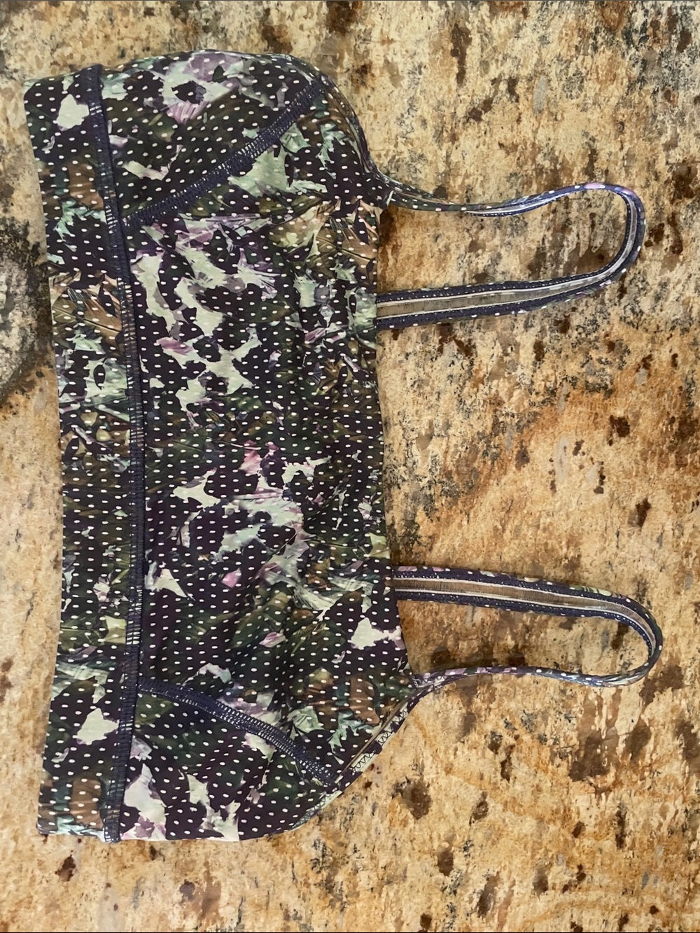 Lululemon green and purplePatterned Sports bra. Size 6. Still in great shape.